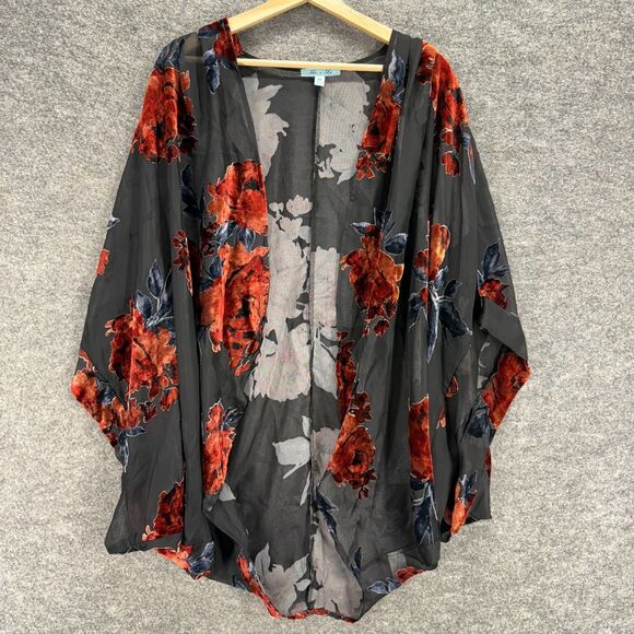 She + Sky Top Women M Medium Gray Floral Open Front Long Sleeve Cotton Casual - Picture 1 of 7